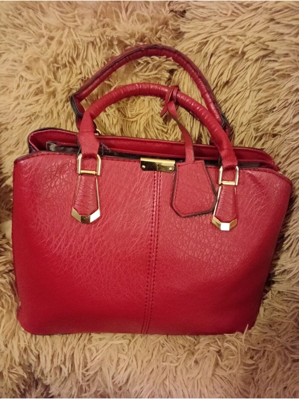 Red Structured Satchel Tote Handbag Faux Leather Top Handle Purse Gold Hardware